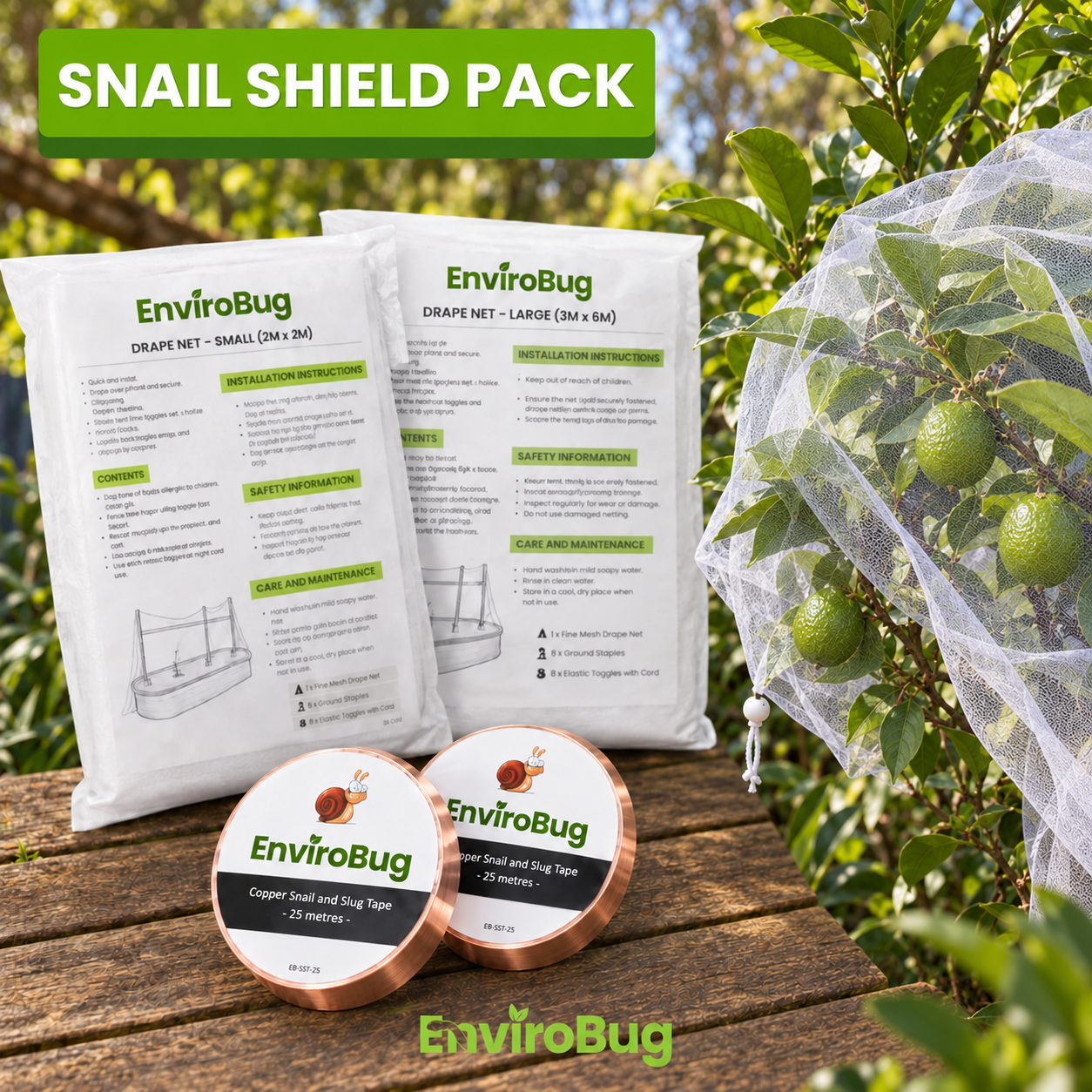 Snail Shield Pack – Copper Barrier, Drape Net & Fruit Bags for Garden Defence - Envirobug